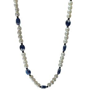 Vintage Faux Pearl Necklace Blue Glass Beads Retro 50s 60s Fashion Jewelry Women